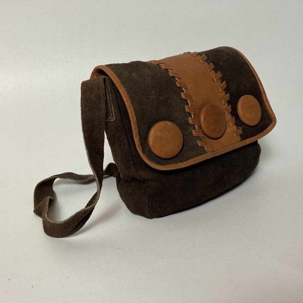 Vintage 70s Small Brown Suede Orange Striped Shoulder Purse